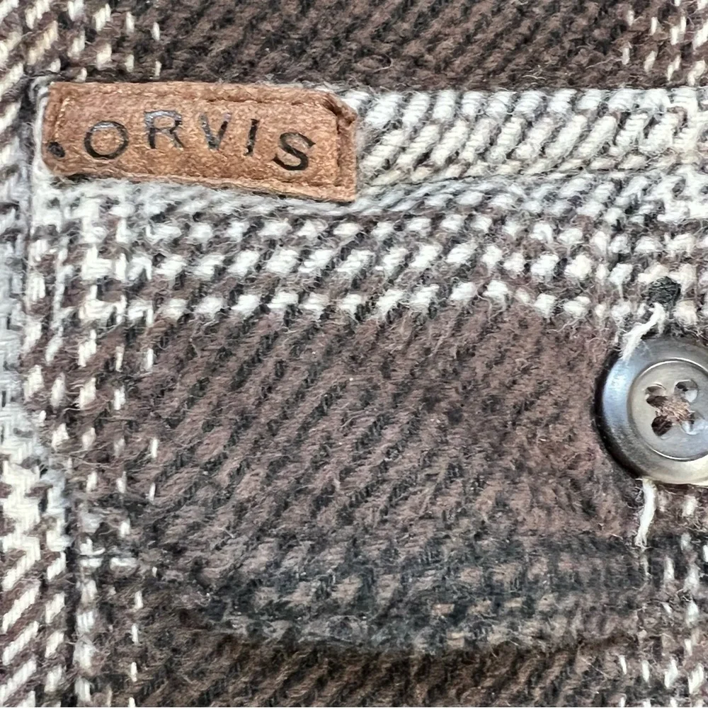 Orvis earthy tartan plaid flannel heavy shirt jacket shacket button down neutral